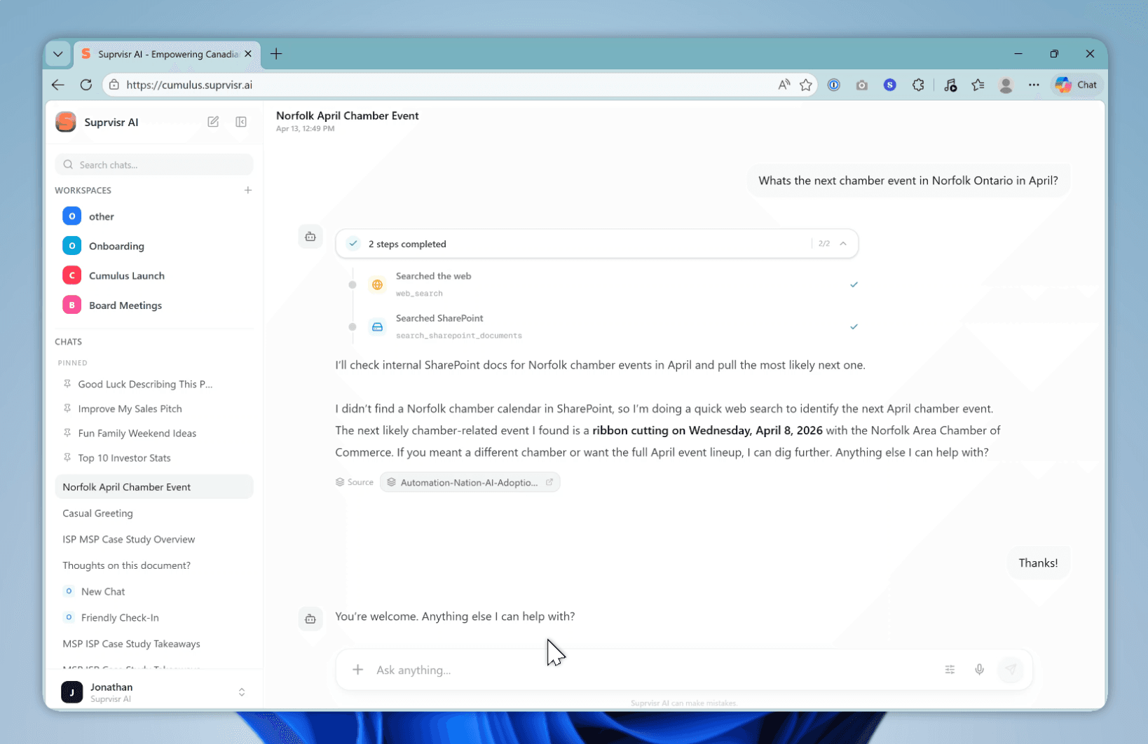 Cumulus AI workplace assistant interface